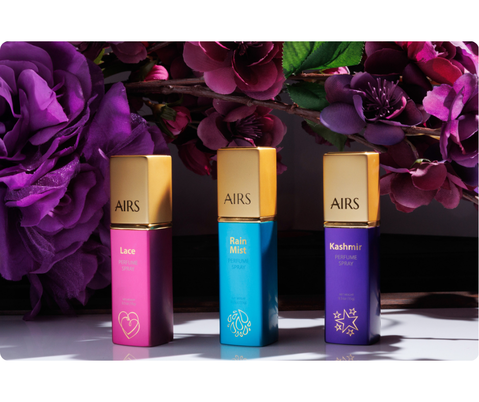 AIRS Lace, Rain Mist, and Kashmir perfume sprays
